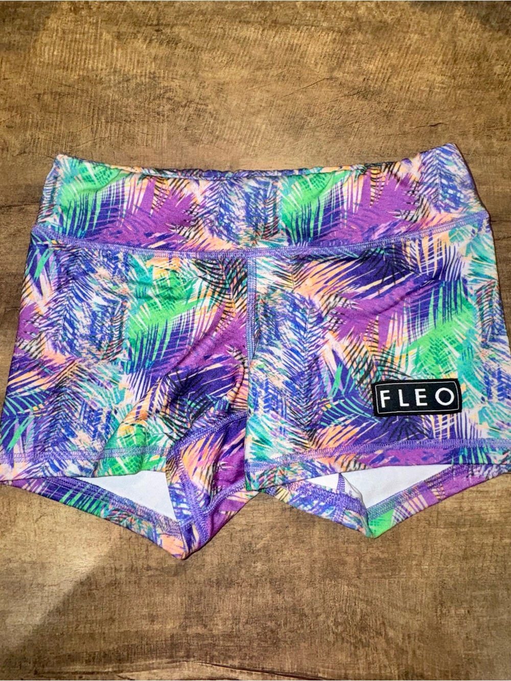 FLEO Tropical Palm Print Booty Shorts XS Purple Green Athletic Shorts